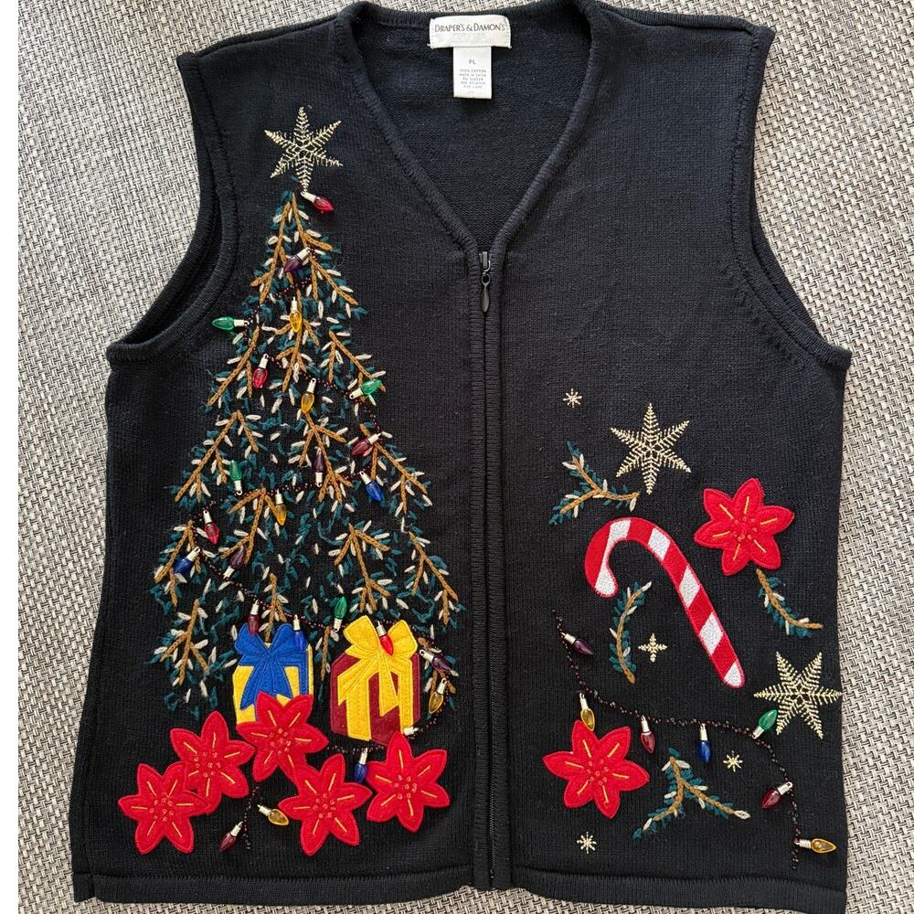 DRAPERS & DAMONS VINTAGE 100% Cotton 3D Light Ugly Christmas Zip Sweater Vest PL